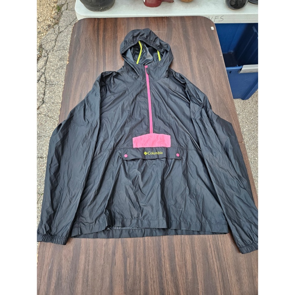 Columbia Womens Anorak Windbreaker Jacket Black Pink Half Zip Hooded Medium